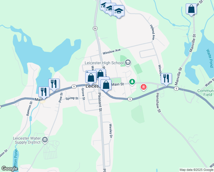 map of restaurants, bars, coffee shops, grocery stores, and more near 1083 Pleasant Street in Leicester