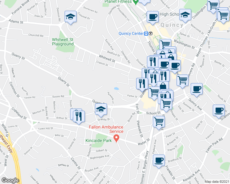 map of restaurants, bars, coffee shops, grocery stores, and more near 74 Parker Street in Quincy