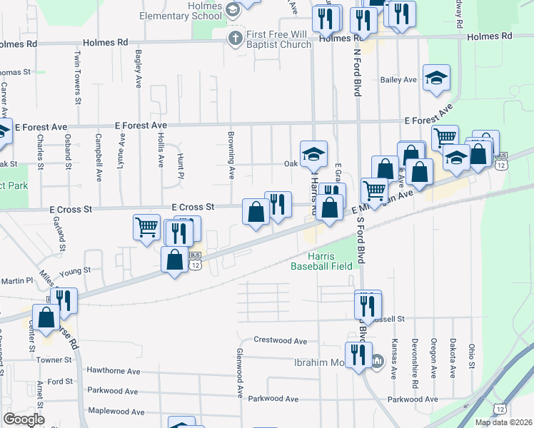 map of restaurants, bars, coffee shops, grocery stores, and more near 55 Burbank Avenue in Ypsilanti