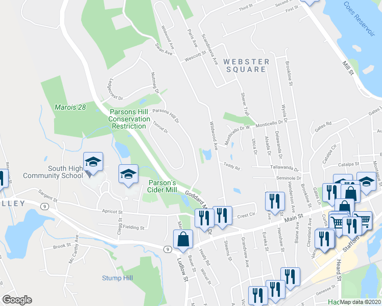 map of restaurants, bars, coffee shops, grocery stores, and more near 55 Parsons Hill Drive in Worcester