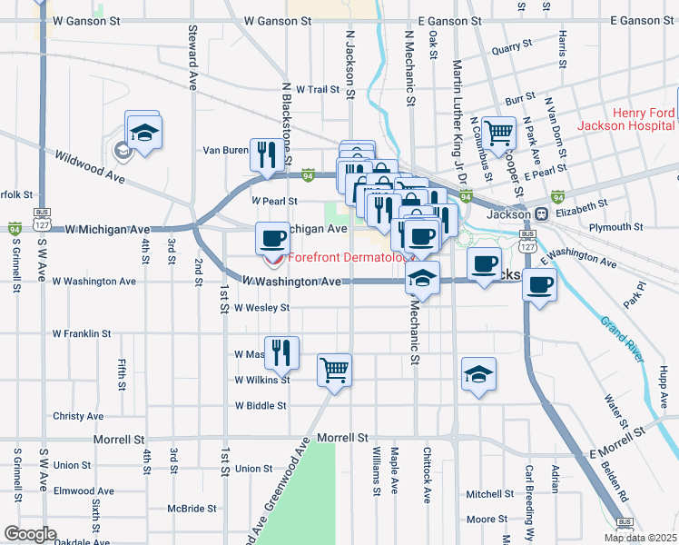 map of restaurants, bars, coffee shops, grocery stores, and more near 214 South Jackson Street in Jackson