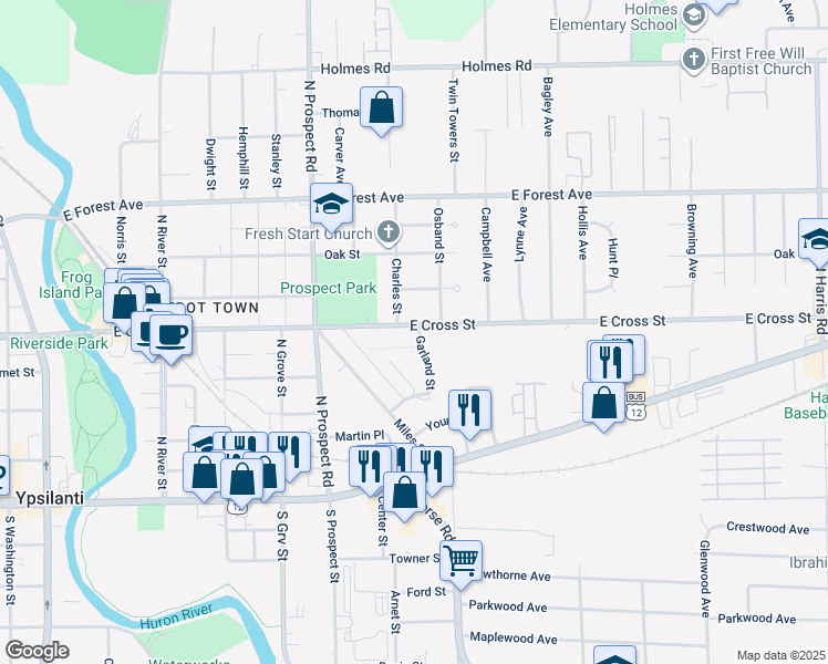 map of restaurants, bars, coffee shops, grocery stores, and more near 708 East Cross Street in Ypsilanti