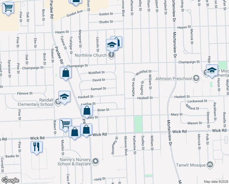 map of restaurants, bars, coffee shops, grocery stores, and more near 8530 Roosevelt Street in Taylor