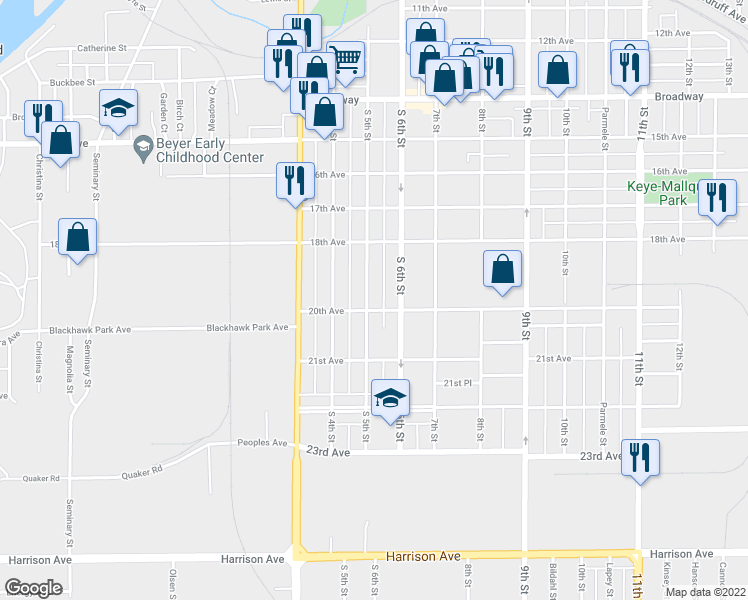 map of restaurants, bars, coffee shops, grocery stores, and more near 2024 South 5th Street in Rockford