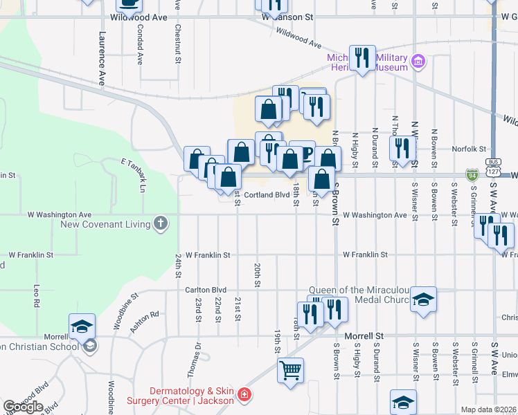 map of restaurants, bars, coffee shops, grocery stores, and more near 1922 West Washington Avenue in Jackson