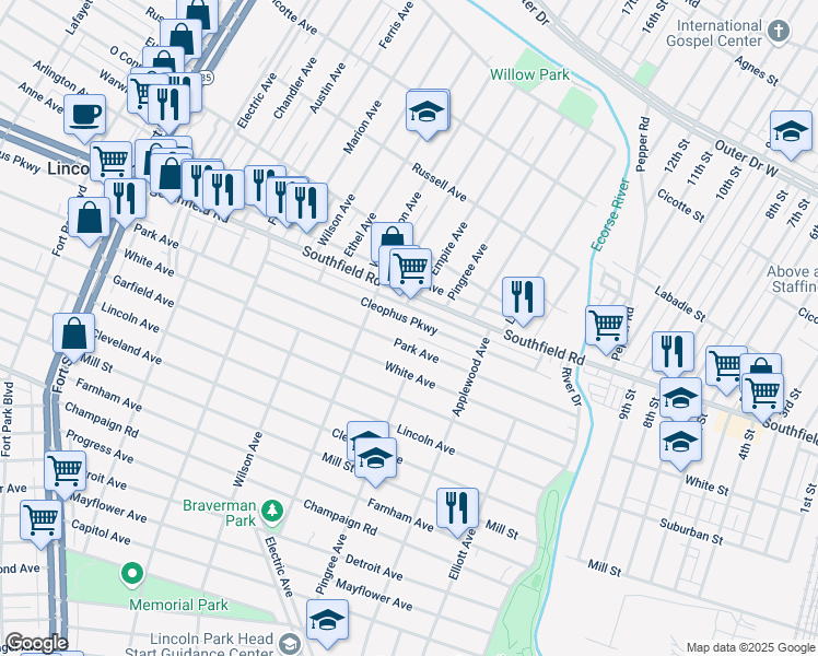 map of restaurants, bars, coffee shops, grocery stores, and more near 717 Cleophus Parkway in Lincoln Park