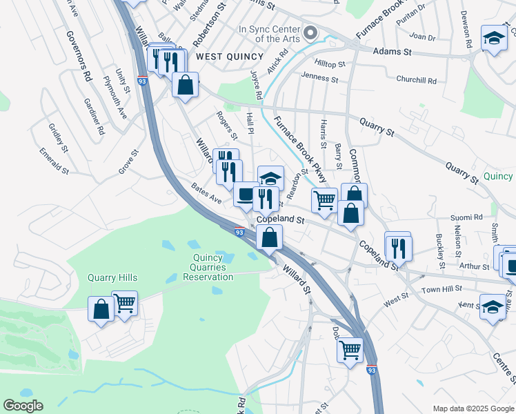 map of restaurants, bars, coffee shops, grocery stores, and more near 144 Crescent Street in Quincy