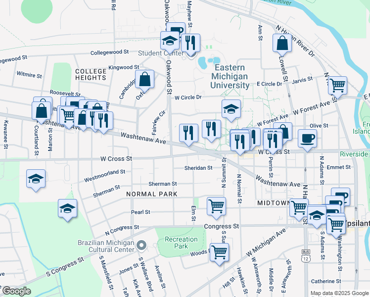 map of restaurants, bars, coffee shops, grocery stores, and more near 957 Washtenaw Avenue in Ypsilanti