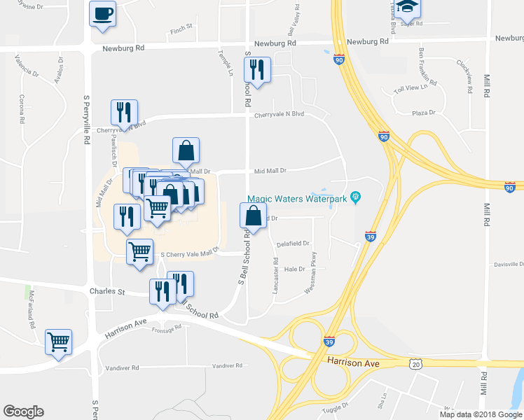 map of restaurants, bars, coffee shops, grocery stores, and more near 7570 Lloyd Drive in Cherry Valley