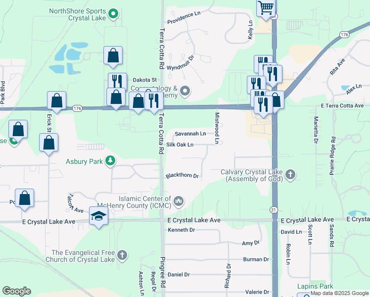 map of restaurants, bars, coffee shops, grocery stores, and more near 697 Silk Oak Lane in Crystal Lake