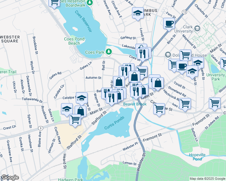 map of restaurants, bars, coffee shops, grocery stores, and more near 36 Lakewood Street in Worcester