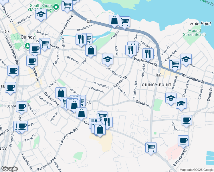 map of restaurants, bars, coffee shops, grocery stores, and more near 148 South Walnut Street in Quincy