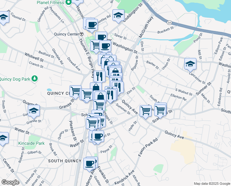 map of restaurants, bars, coffee shops, grocery stores, and more near 1601-1621 Hancock Street in Quincy