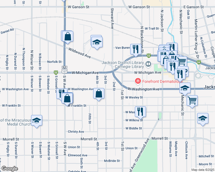 map of restaurants, bars, coffee shops, grocery stores, and more near 215 3rd Street in Jackson