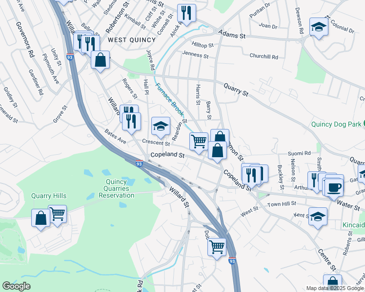 map of restaurants, bars, coffee shops, grocery stores, and more near 85 Crescent Street in Quincy