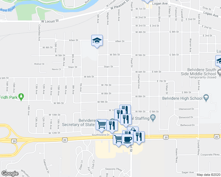 map of restaurants, bars, coffee shops, grocery stores, and more near 1428 Maple Avenue in Belvidere