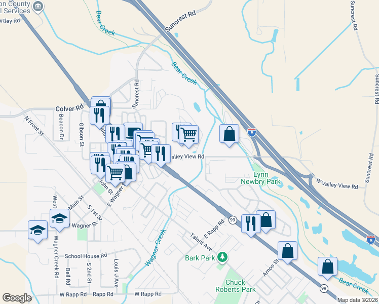 map of restaurants, bars, coffee shops, grocery stores, and more near 247 West Valley View Road in Talent
