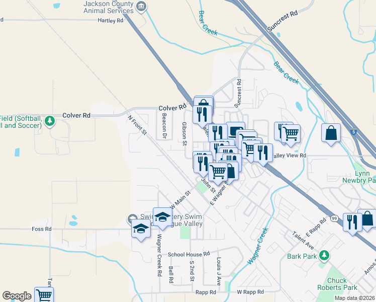 map of restaurants, bars, coffee shops, grocery stores, and more near 206 Gibson Street in Talent