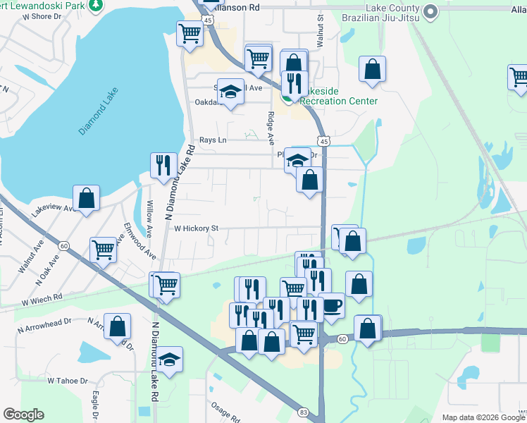map of restaurants, bars, coffee shops, grocery stores, and more near 530 Jeniffer Circle in Mundelein