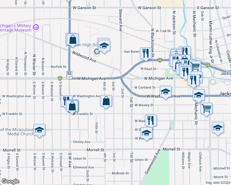 map of restaurants, bars, coffee shops, grocery stores, and more near 213 Third Street in Jackson