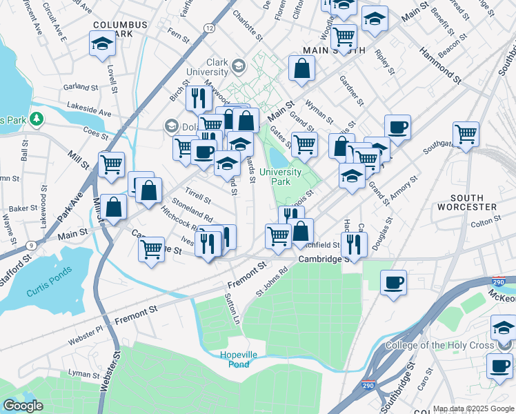 map of restaurants, bars, coffee shops, grocery stores, and more near 33 Richards Street in Worcester