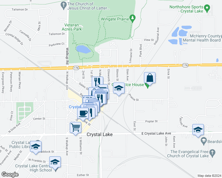 map of restaurants, bars, coffee shops, grocery stores, and more near 163 Ellsworth Street in Crystal Lake