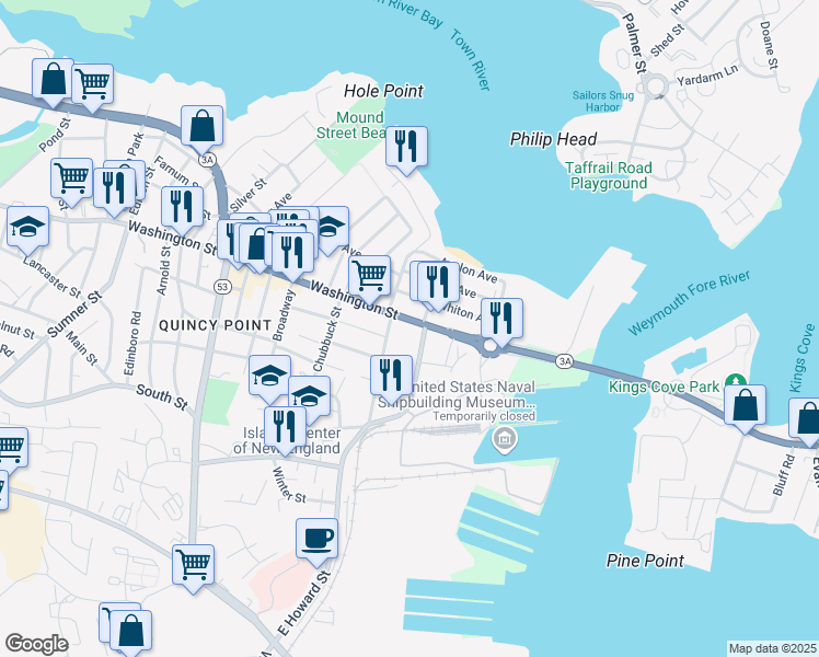 map of restaurants, bars, coffee shops, grocery stores, and more near 635 Washington St in Quincy