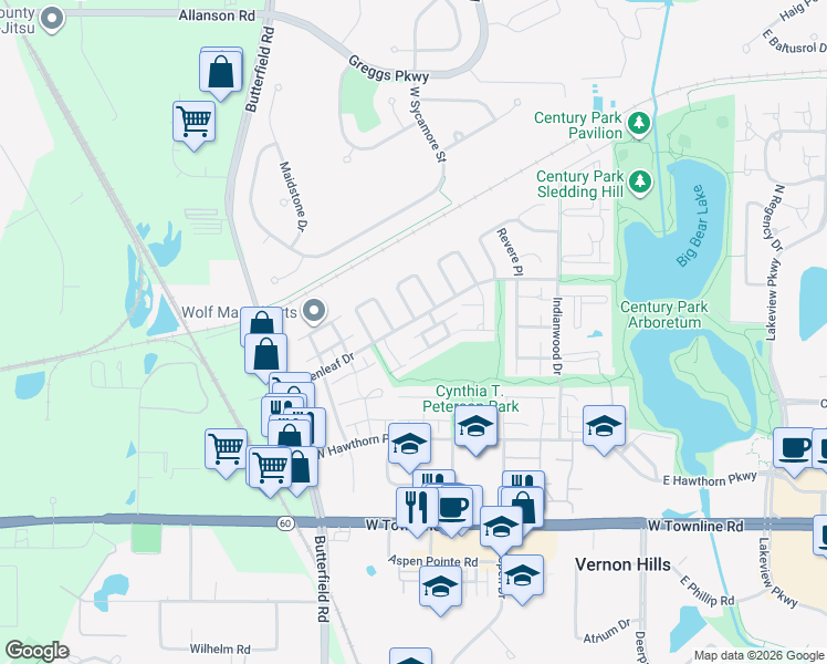 map of restaurants, bars, coffee shops, grocery stores, and more near 366 Greenleaf Drive in Vernon Hills