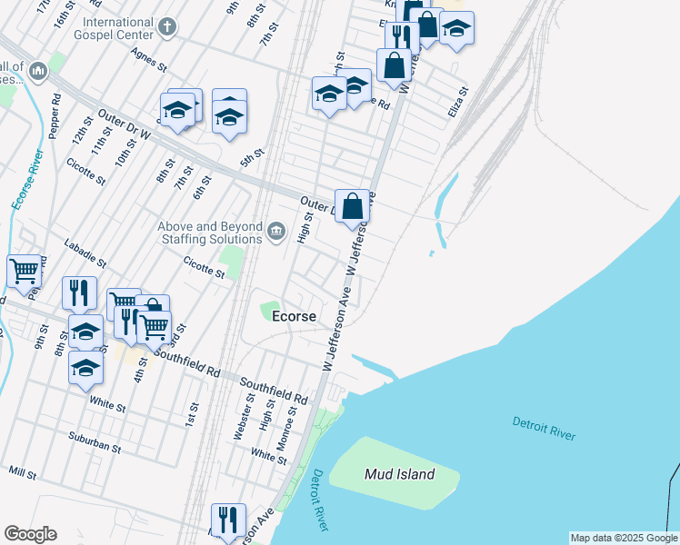 map of restaurants, bars, coffee shops, grocery stores, and more near 4284 West Jefferson Avenue in Ecorse