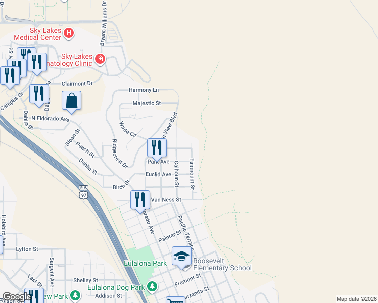 map of restaurants, bars, coffee shops, grocery stores, and more near 2080 Terrace Avenue in Klamath Falls
