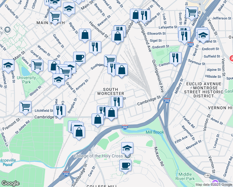 map of restaurants, bars, coffee shops, grocery stores, and more near 10 Washburn Street in Worcester