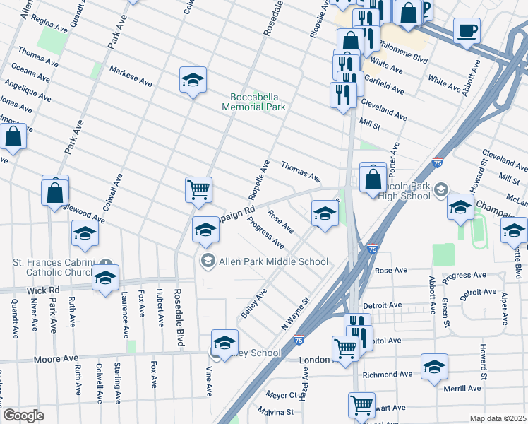 map of restaurants, bars, coffee shops, grocery stores, and more near 2159 Champaign Road in Lincoln Park