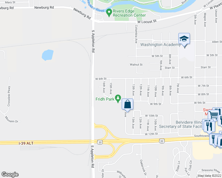 map of restaurants, bars, coffee shops, grocery stores, and more near 1407 15th Avenue in Belvidere
