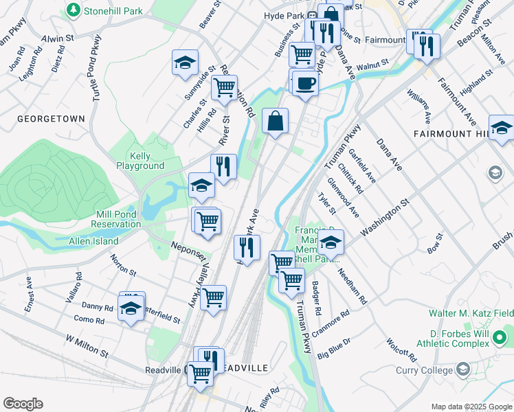 map of restaurants, bars, coffee shops, grocery stores, and more near 1555 Hyde Park Avenue in Boston