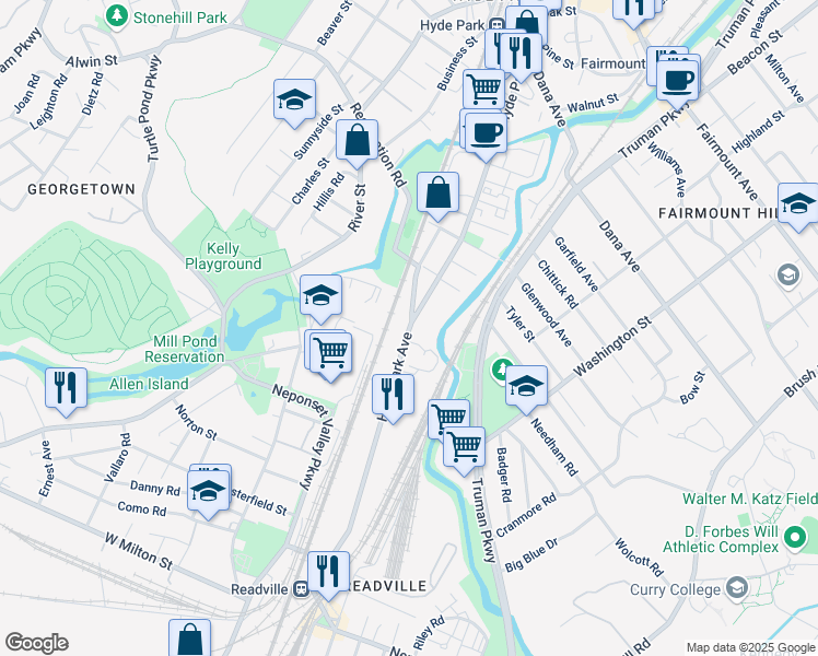 map of restaurants, bars, coffee shops, grocery stores, and more near 1544 Hyde Park Avenue in Boston