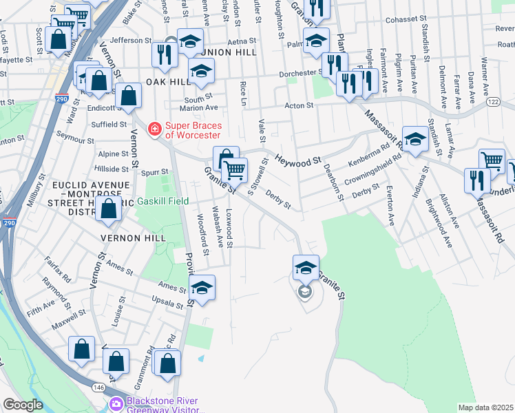 map of restaurants, bars, coffee shops, grocery stores, and more near 76 Granite Street in Worcester