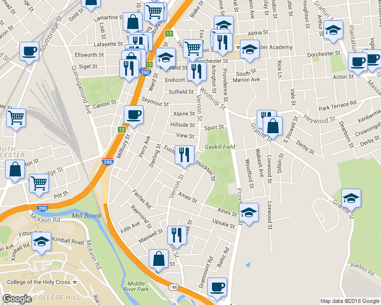 map of restaurants, bars, coffee shops, grocery stores, and more near 5 Montrose Street in Worcester