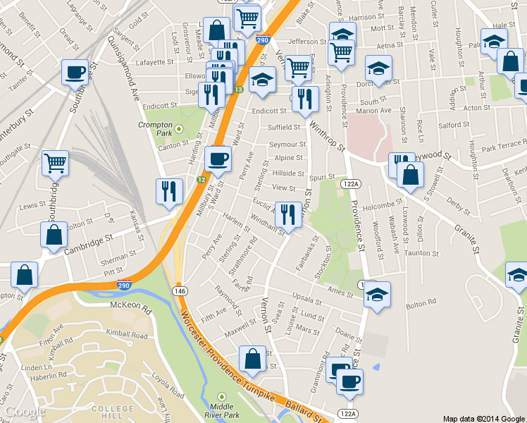 map of restaurants, bars, coffee shops, grocery stores, and more near 17 Euclid Avenue in Worcester