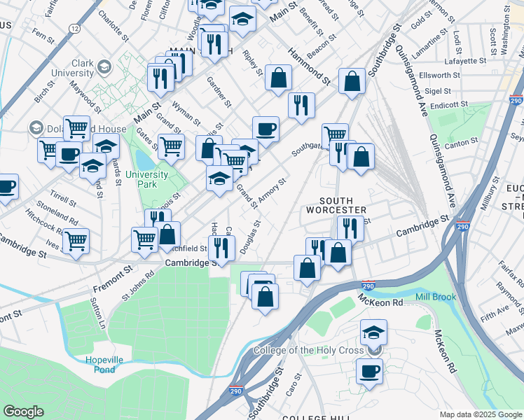 map of restaurants, bars, coffee shops, grocery stores, and more near 154 Grand Street in Worcester