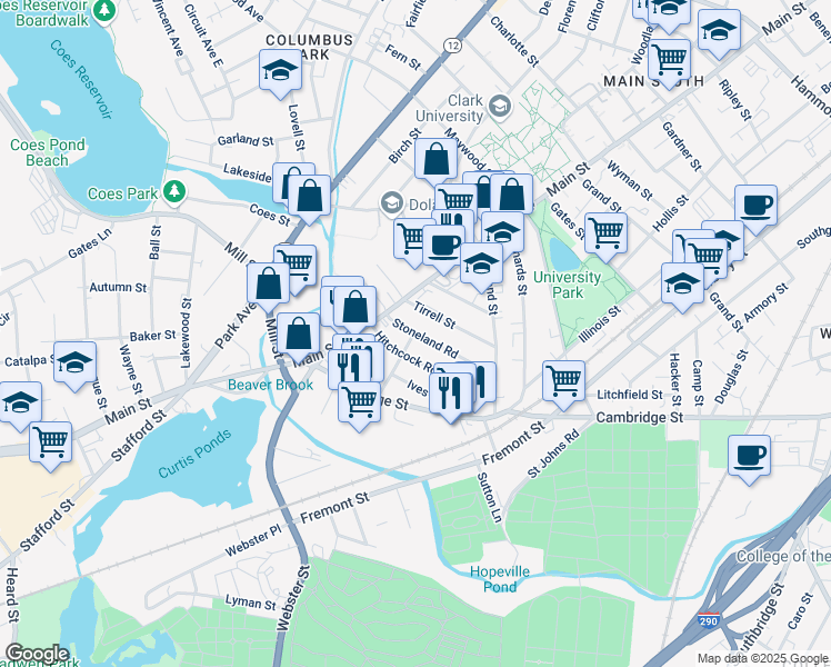 map of restaurants, bars, coffee shops, grocery stores, and more near 13 Stoneland Road in Worcester
