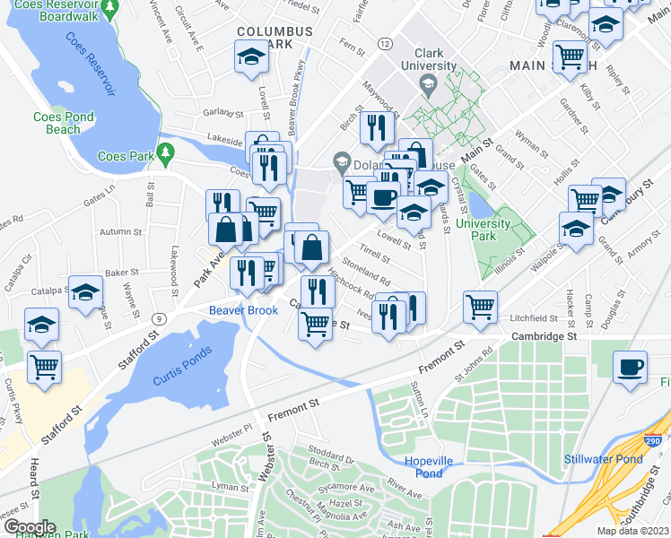 map of restaurants, bars, coffee shops, grocery stores, and more near 3 Hitchcock Road in Worcester