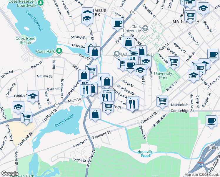 map of restaurants, bars, coffee shops, grocery stores, and more near 3 Hitchcock Road in Worcester