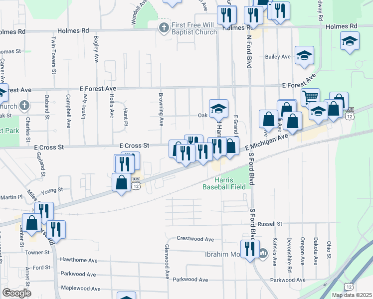map of restaurants, bars, coffee shops, grocery stores, and more near 55 Burbank Avenue in Ypsilanti
