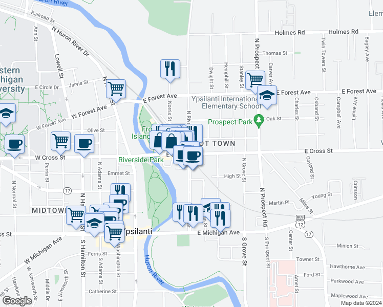 map of restaurants, bars, coffee shops, grocery stores, and more near 400 North River Street in Ypsilanti