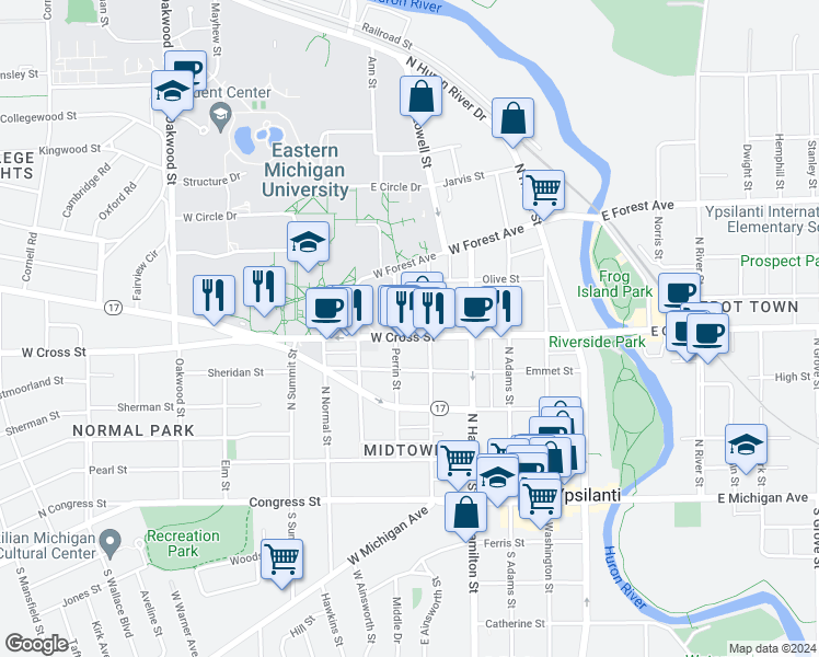 map of restaurants, bars, coffee shops, grocery stores, and more near 402 Perrin Street in Ypsilanti