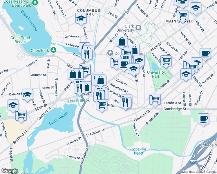 map of restaurants, bars, coffee shops, grocery stores, and more near 3 Hitchcock Road in Worcester