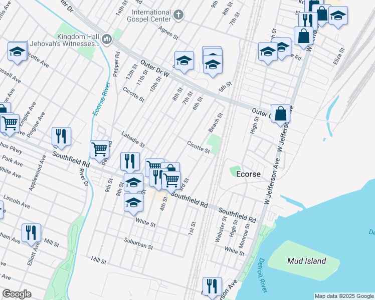map of restaurants, bars, coffee shops, grocery stores, and more near 4325 5th Street in Ecorse