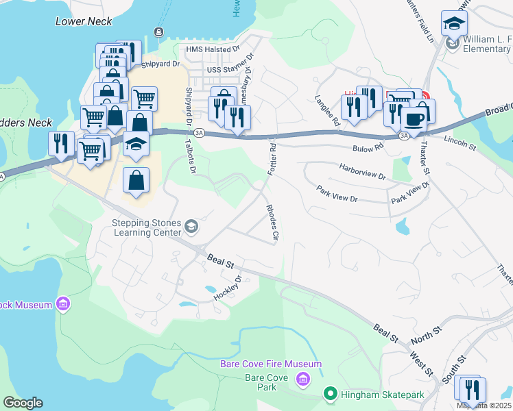 map of restaurants, bars, coffee shops, grocery stores, and more near 40 Fottler Road in Hingham