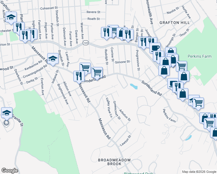 map of restaurants, bars, coffee shops, grocery stores, and more near 21 Benson Street in Worcester