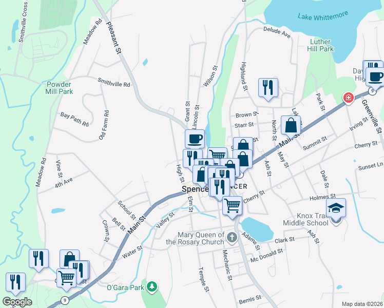 map of restaurants, bars, coffee shops, grocery stores, and more near 31 Pleasant Street in Spencer